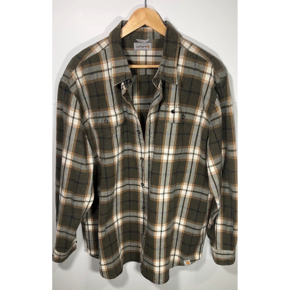 Carhartt Original Fit Flannel Shirt Men's 2XL Regular Green Brown Plaid Workwear